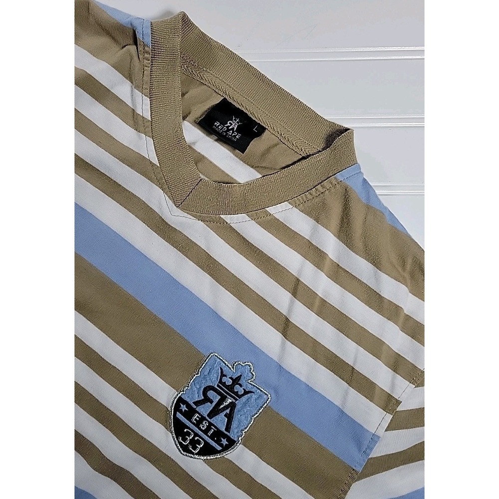 Red Ape Men's LARGE Long‎ Sleeve V-NECK BROWN, White, BLUE Stripe Shirt